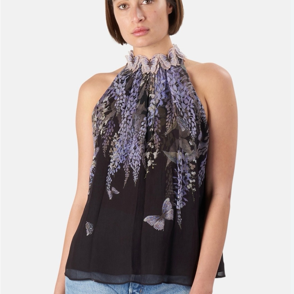 Zimmerman botanica Sleeveless Black Halter Top with Lavender Floral Print